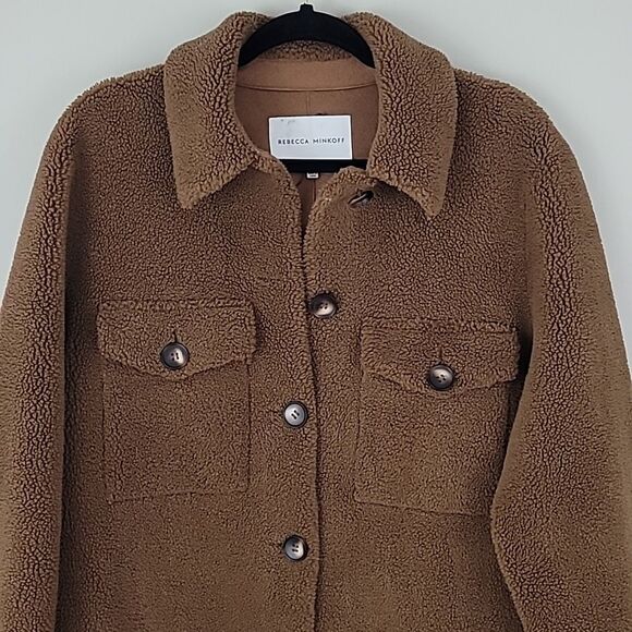 Rebecca Minkoff Brown Faux Shearling Button Down Long Overcoat w/Pockets Size XL - Picture 4 of 15